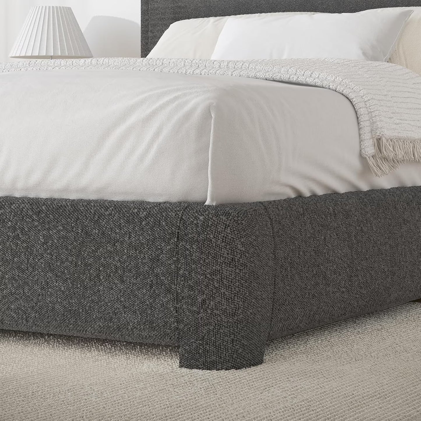**Queen Bouclé Upholstered Bed Frame – Modern Curved Headboard, Gray**