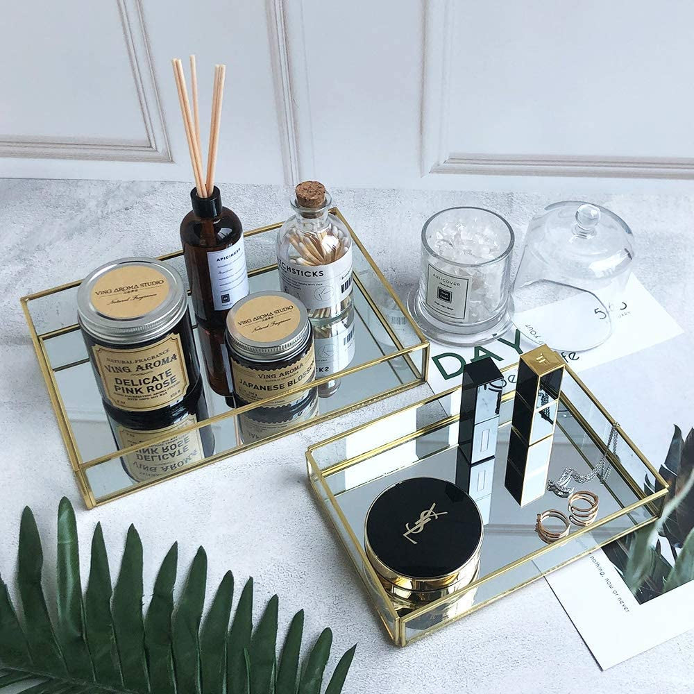 Clear Gold Mirror Vanity Tray – Perfume, Makeup & Jewelry Organizer for Dresser or Bathroom