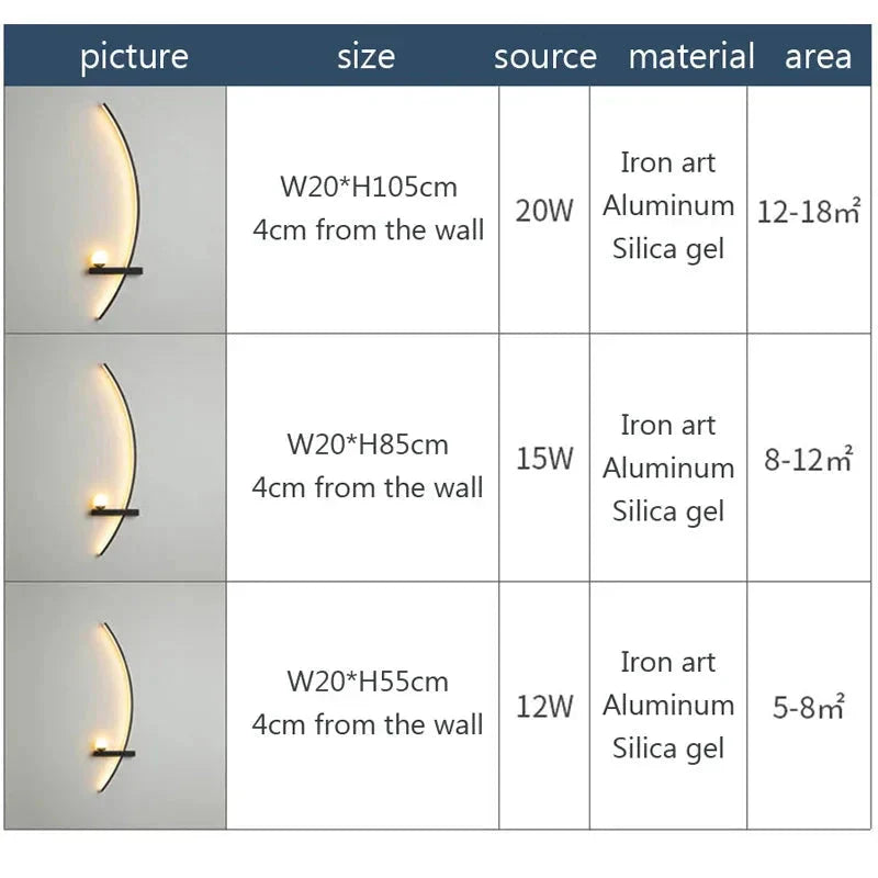 Modern wall sconce with curved design, iron art and silica gel, 12W-20W LED lighting for cozy home ambiance