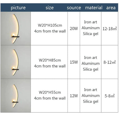 Modern wall sconce with curved design, iron art and silica gel, 12W-20W LED lighting for cozy home ambiance
