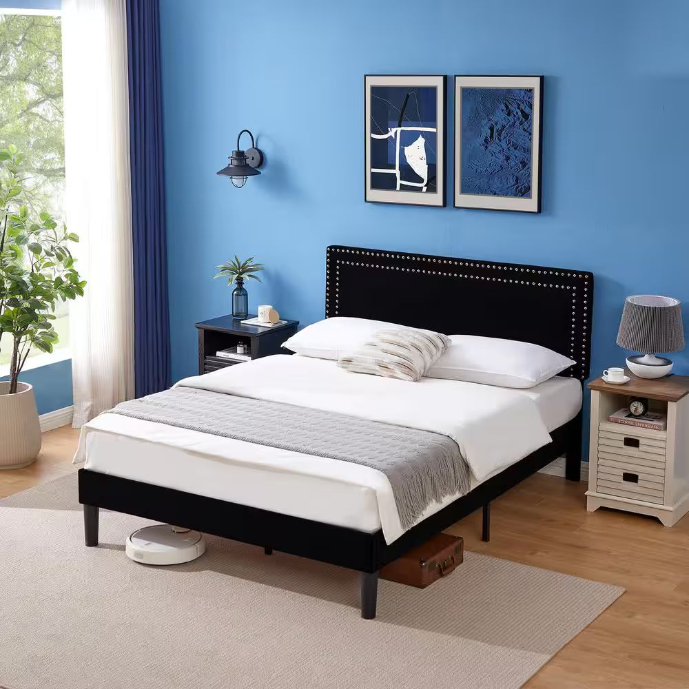 Full Upholstered Platform Bed Frame – Adjustable Headboard, No Box Spring Needed, Black