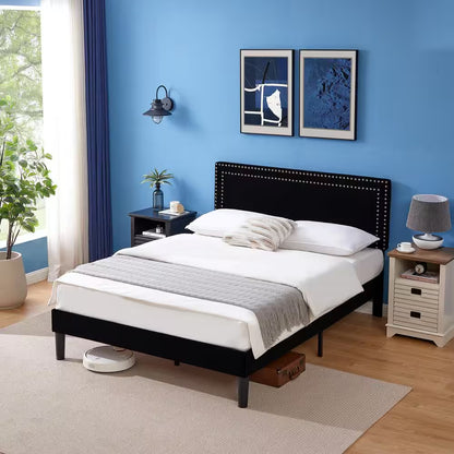 Full Upholstered Platform Bed Frame – Adjustable Headboard, No Box Spring Needed, Black