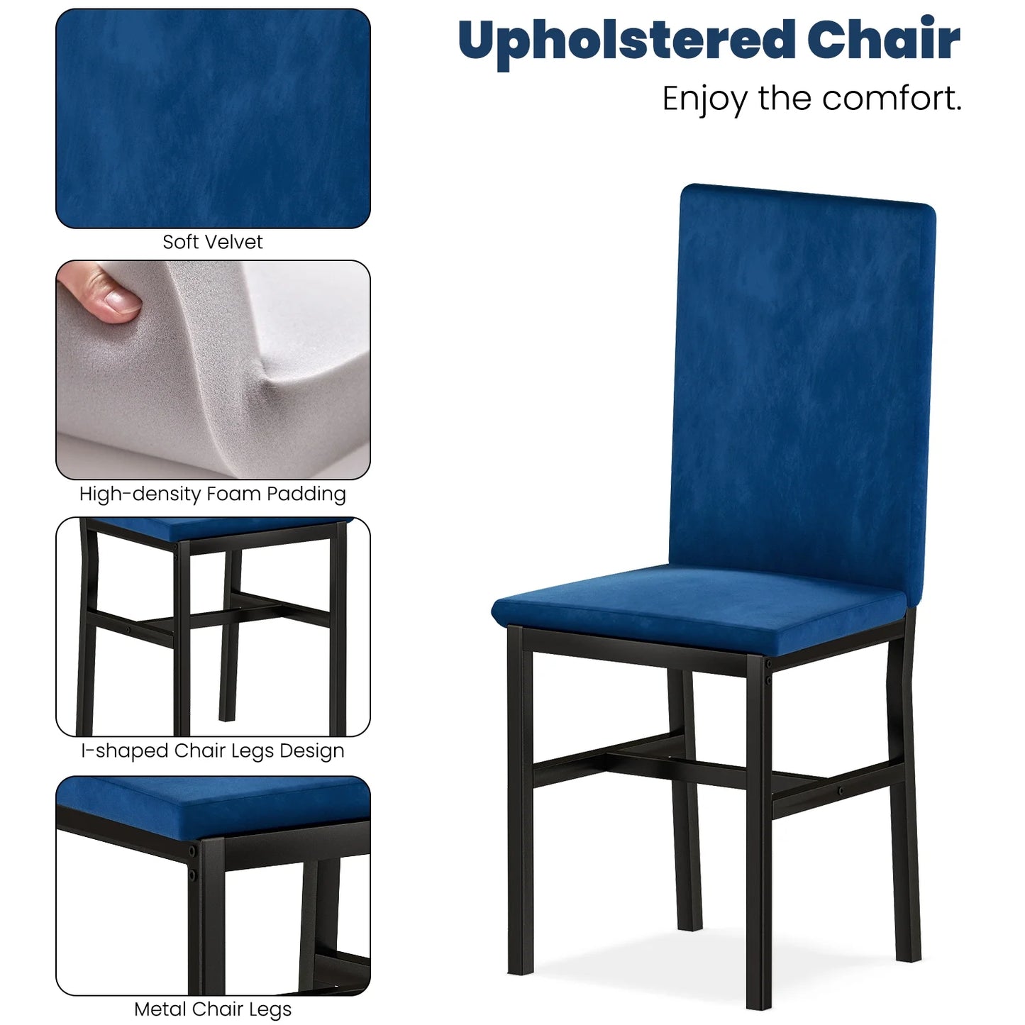 5-Piece Dining Set for 4 – Faux Marble Table with 4 Velvet Upholstered Chairs, White & Blue