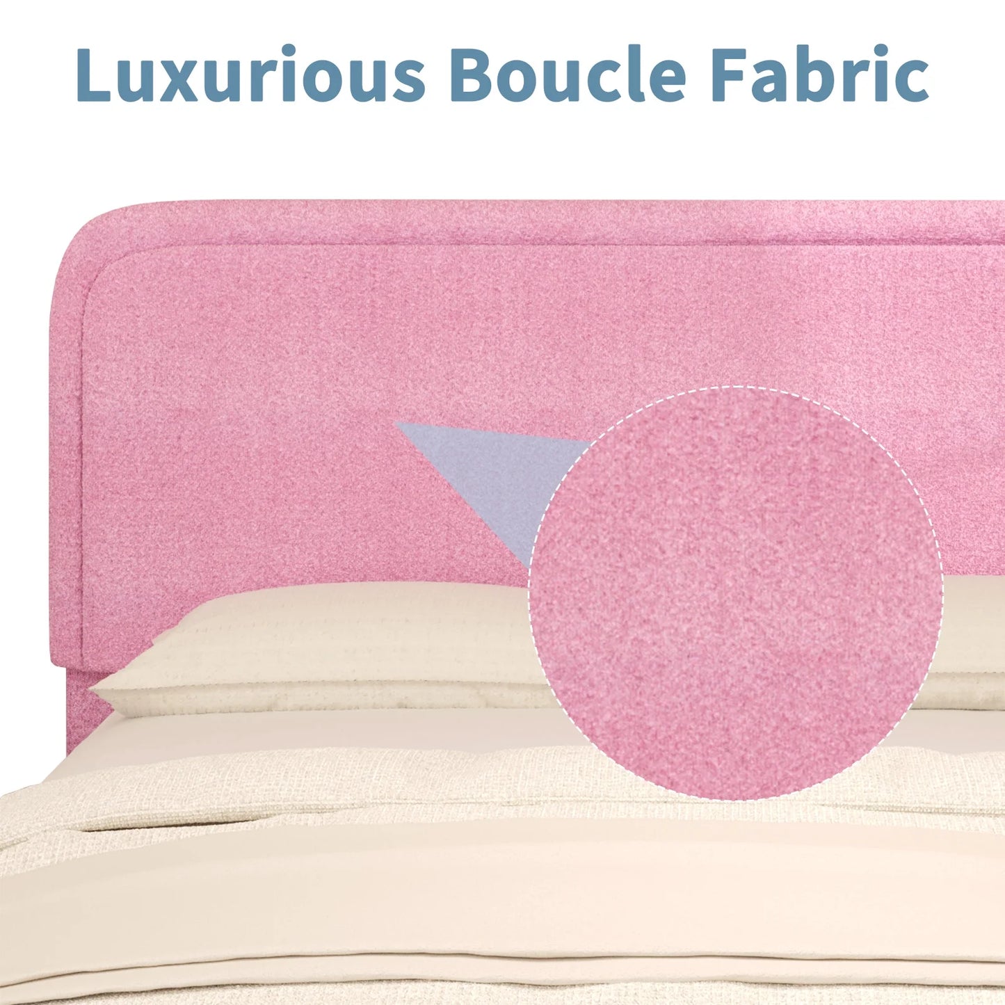 Queen Bouclé Upholstered Bed Frame – Modern Soft Curved Headboard, Pink