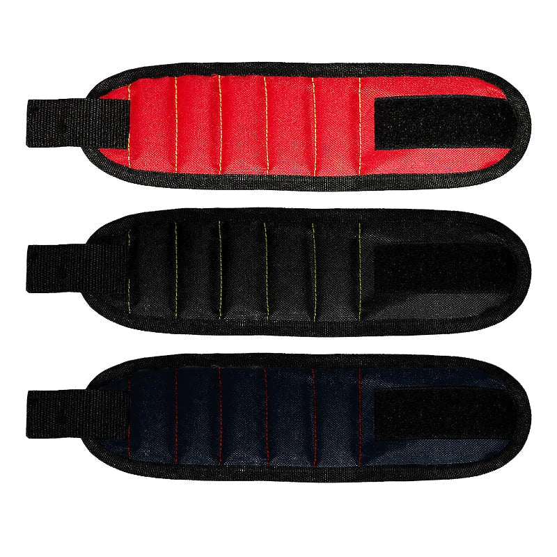 Red, black, and navy tool belt organizers with stitched pockets and Velcro straps for home workshop use