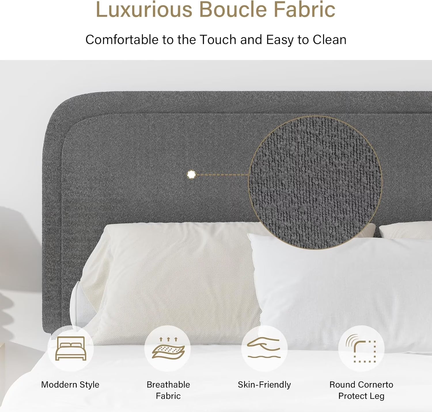 **Queen Bouclé Upholstered Bed Frame – Modern Curved Headboard, Gray**