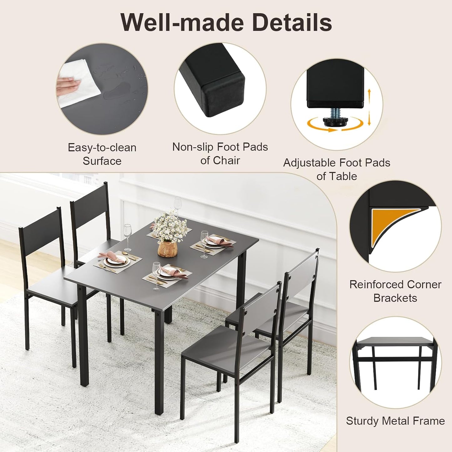 5-Piece Retro Dining Table Set for 4 – Space-Saving Kitchen Table & Chairs with Metal Frame
