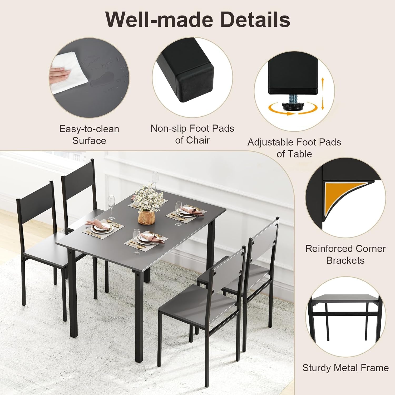 5-Piece Retro Dining Table Set for 4 – Space-Saving Kitchen Table & Chairs with Metal Frame