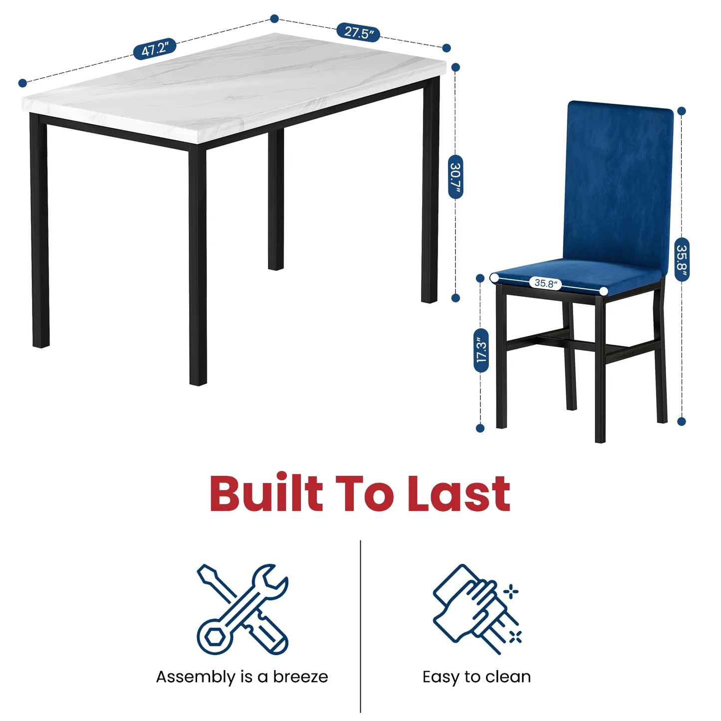 5-Piece Dining Set for 4 – Faux Marble Table with 4 Velvet Upholstered Chairs, White & Blue