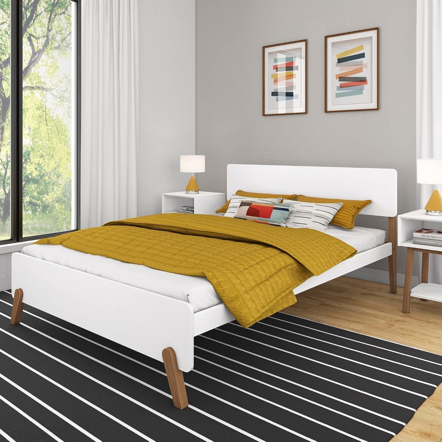 Max & Lily Queen Panel Bed – Mid-Century Modern Wood Bed Frame, White & Pecan