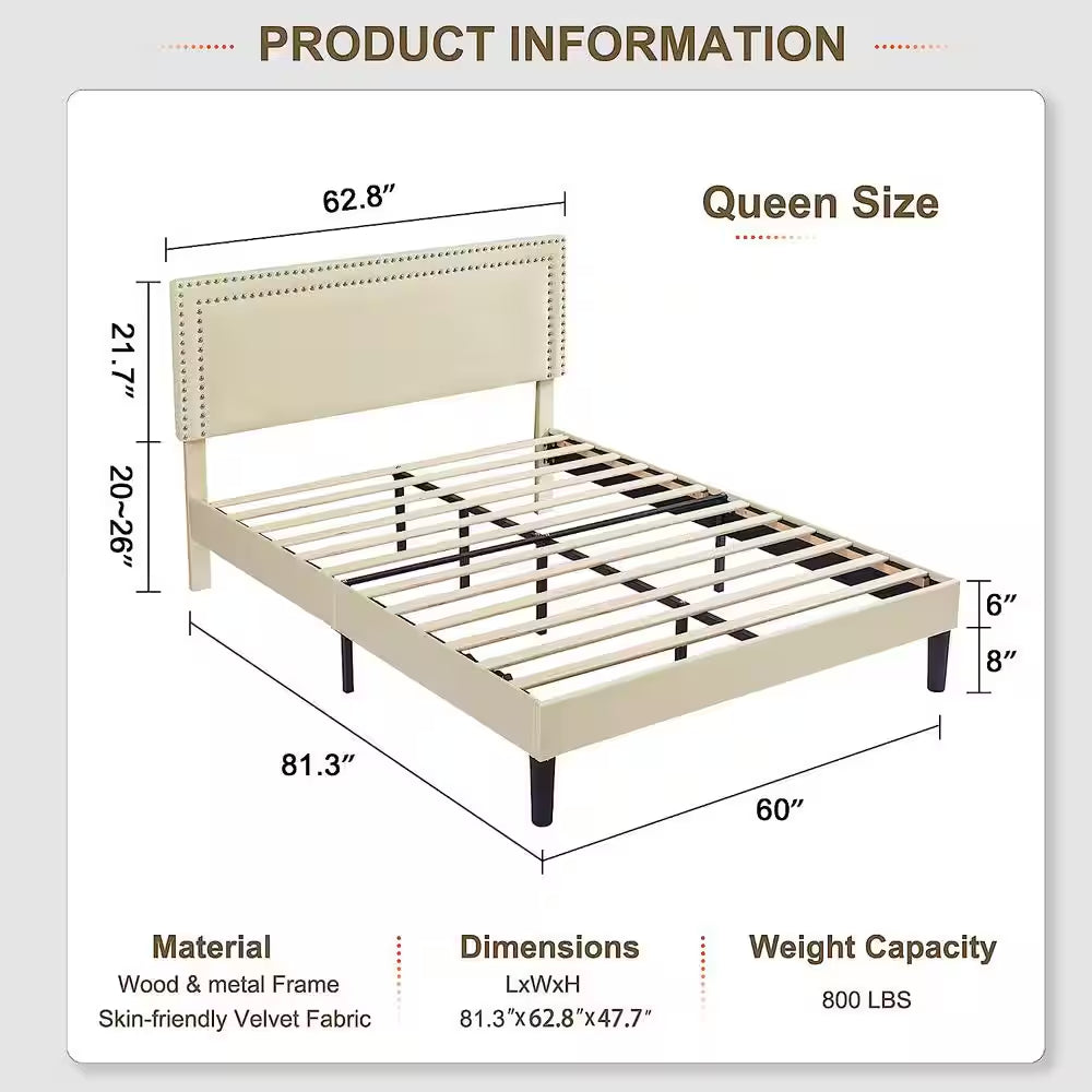 Queen Upholstered Platform Bed Frame – Adjustable Headboard, No Box Spring Needed, Beige