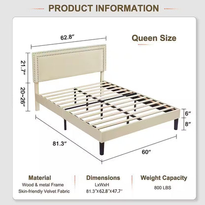 Queen Upholstered Platform Bed Frame – Adjustable Headboard, No Box Spring Needed, Beige