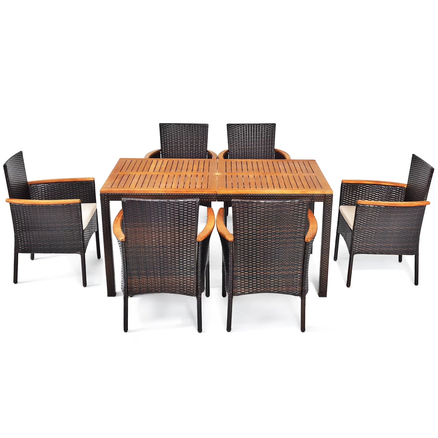 7-Piece Outdoor Patio Dining Set – Rattan Table & 6 Chairs with Umbrella Hole