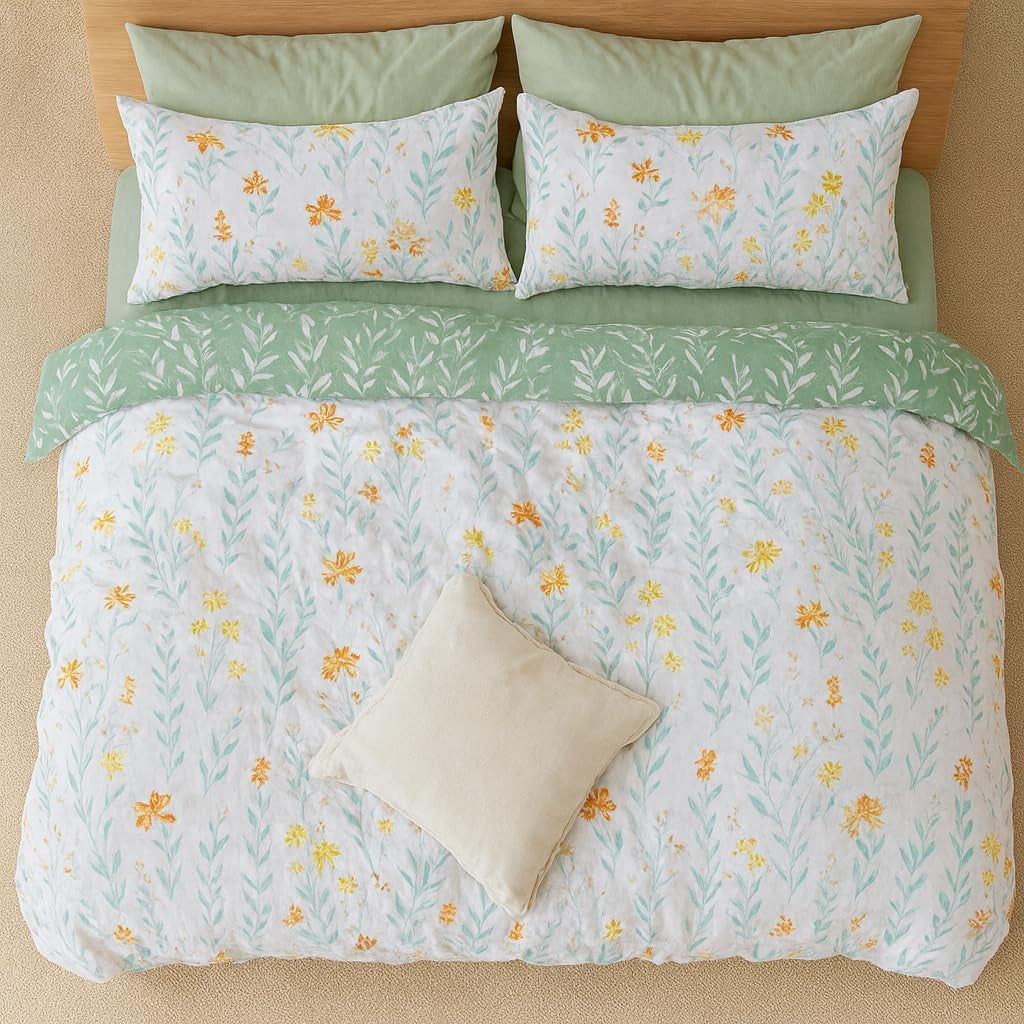 **3-Piece Queen Floral Duvet Cover Set – Reversible Green Botanical Bedding, Soft Cozy Farmhouse Style**
