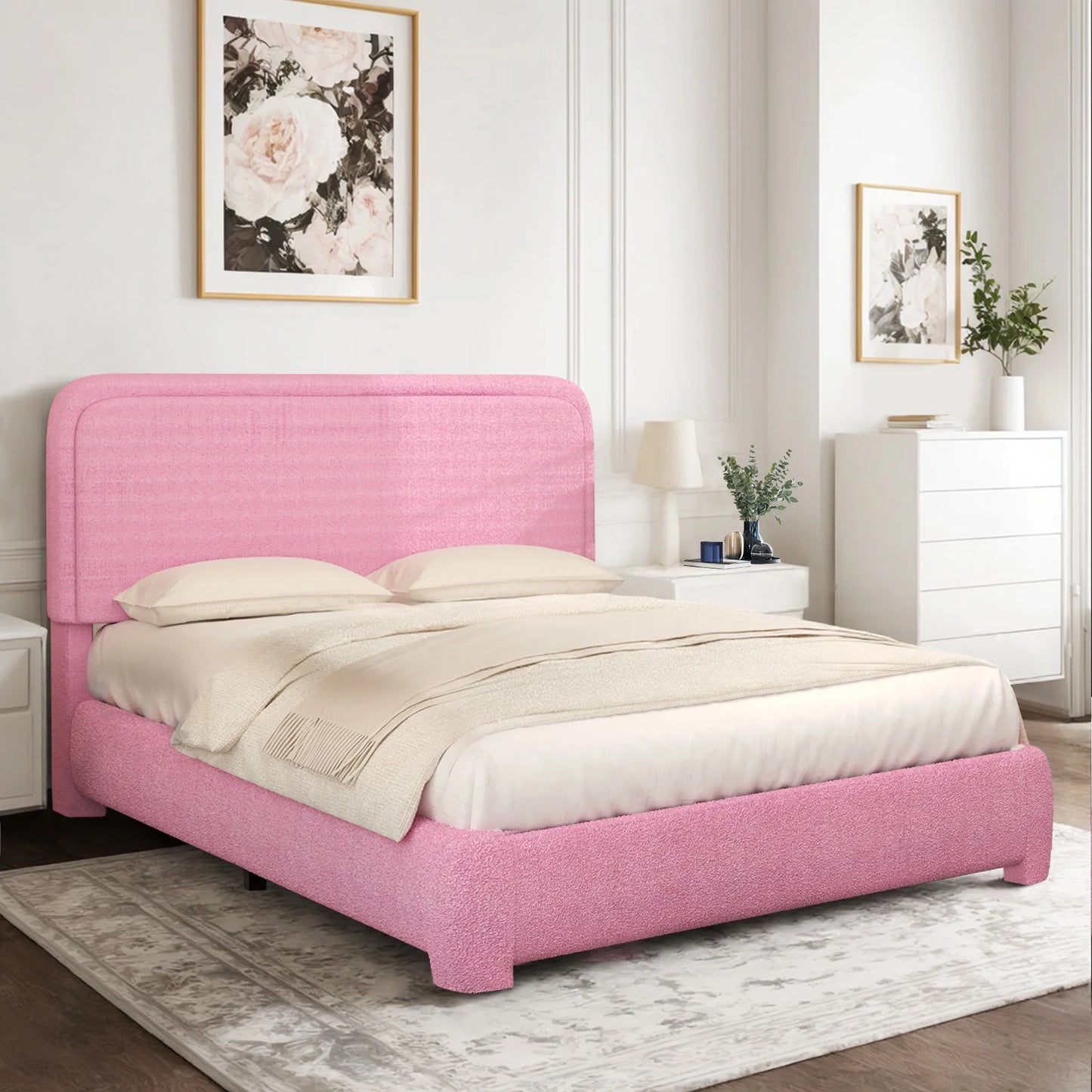Queen Bouclé Upholstered Bed Frame – Modern Soft Curved Headboard, Pink