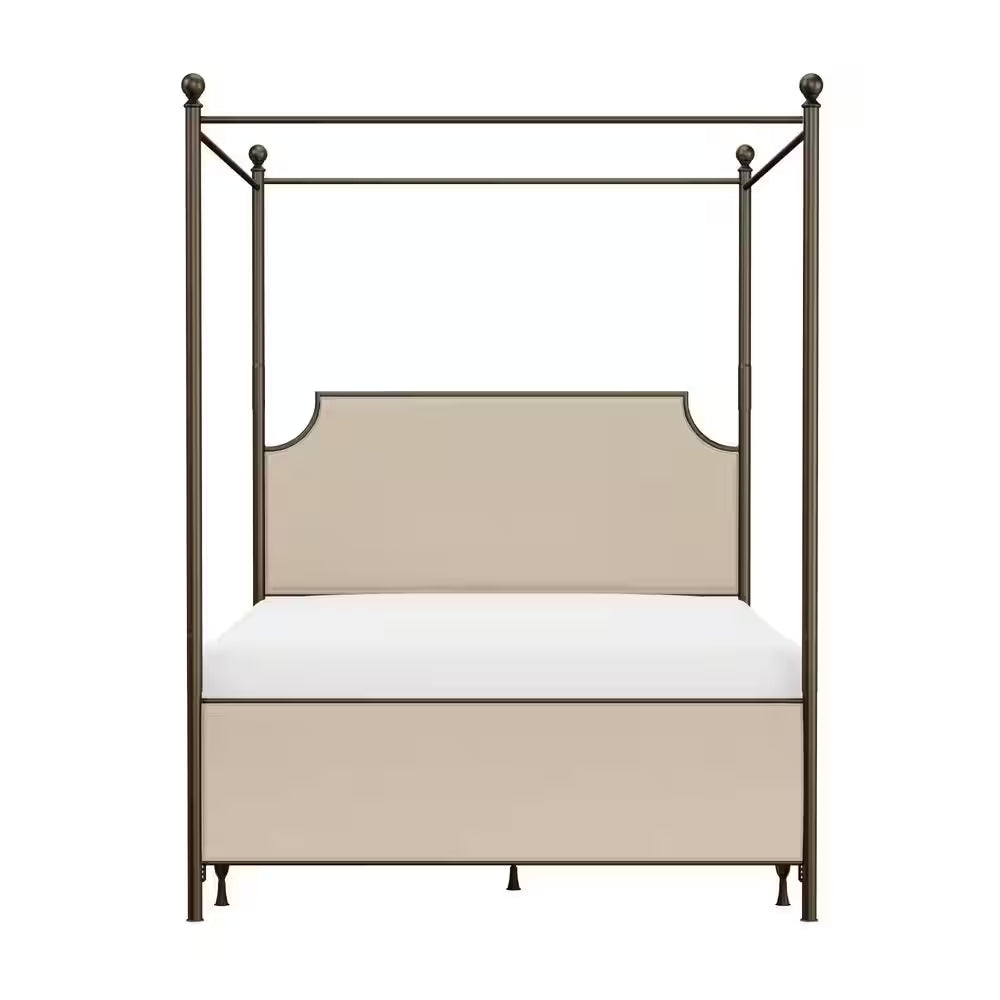 McArthur Queen Canopy Bed – Bronze Metal Frame with Upholstered Headboard
