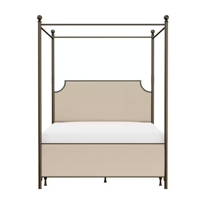 McArthur Queen Canopy Bed – Bronze Metal Frame with Upholstered Headboard