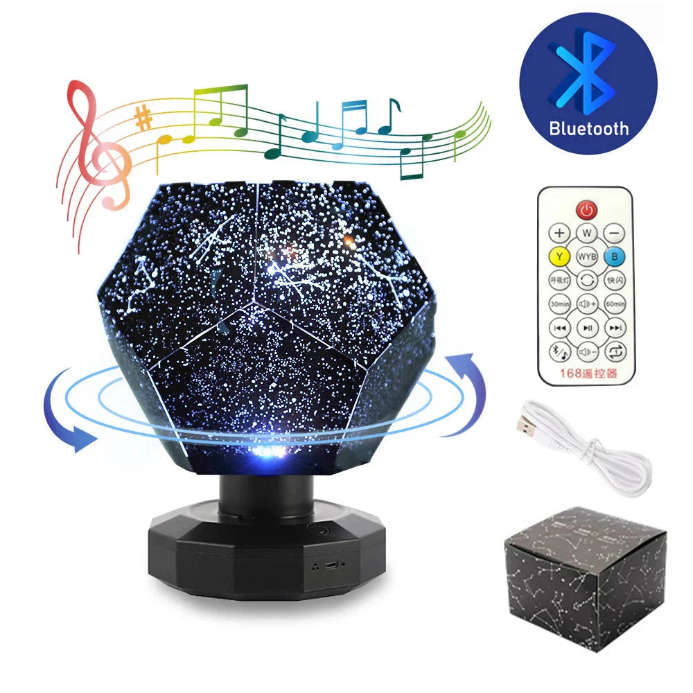 Bluetooth galaxy projector with remote, USB cable, and gift box for cozy home ambiance