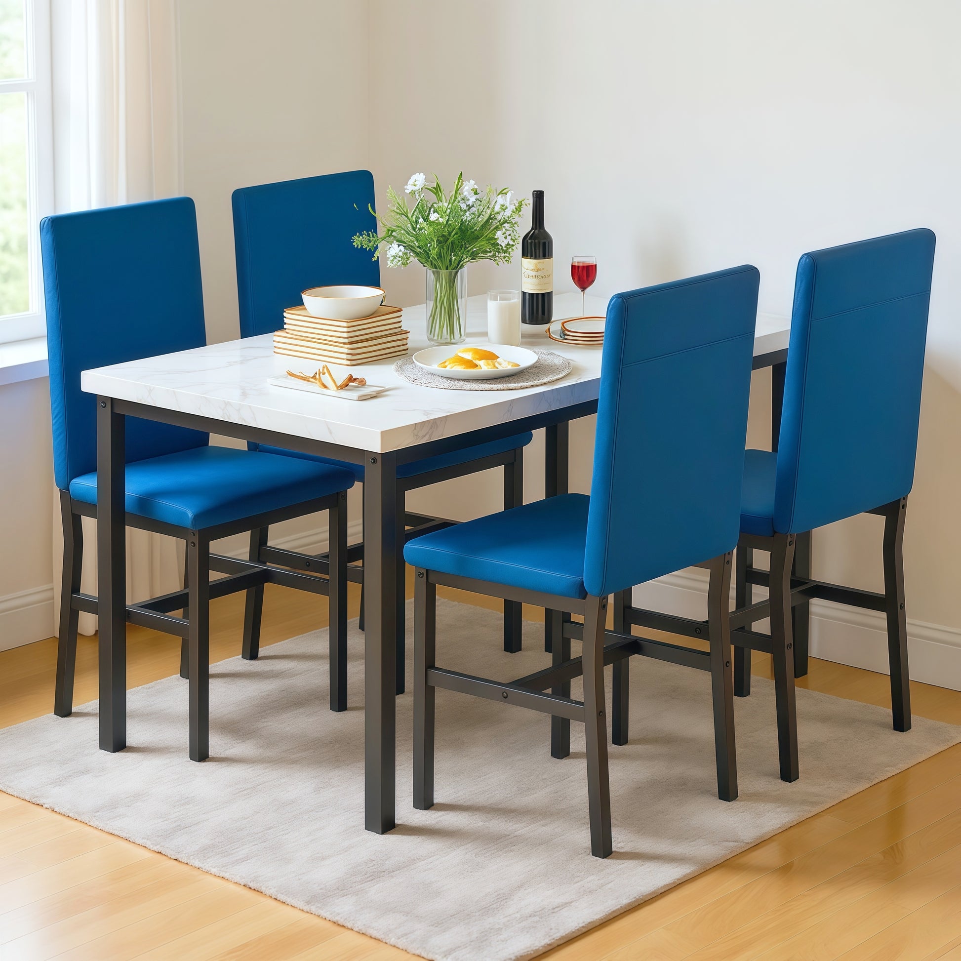 5-Piece Dining Set for 4 – Faux Marble Table with 4 Velvet Upholstered Chairs, White & Blue